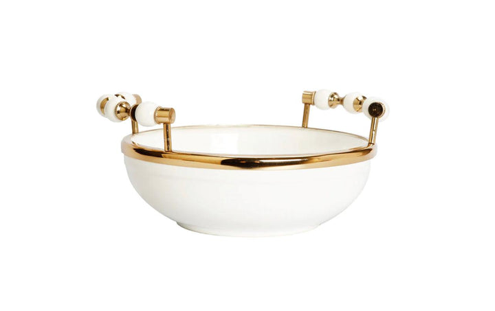 White Round Bowl with Two Gold and White Beaded Design Handles - Gilt Touch