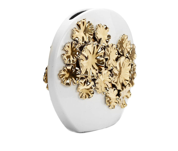 White Round Ceramic Vase Gold Flower Design - Gilt Touch