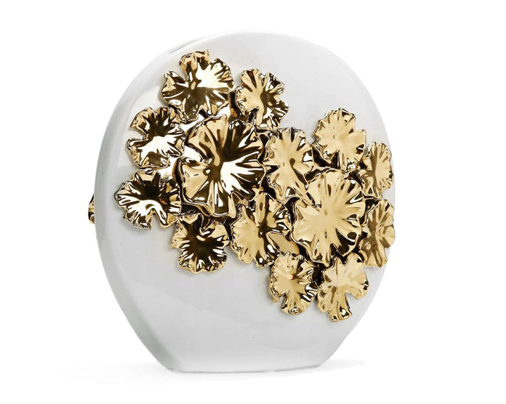 White Round Ceramic Vase Gold Flower Design - Gilt Touch