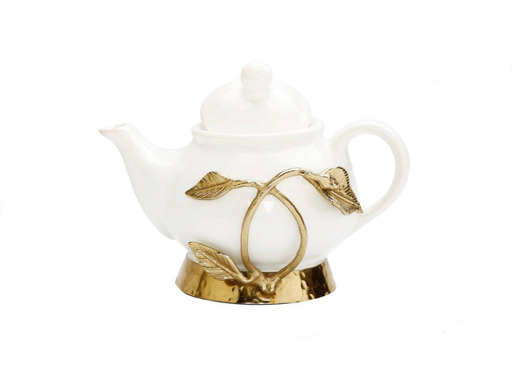 White Tea Kettle with Leaf Design - Gilt Touch