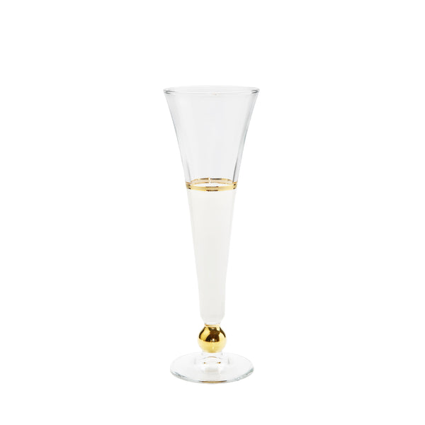 Set of 6 White Flutes with Gold Ball and Clear Stem
